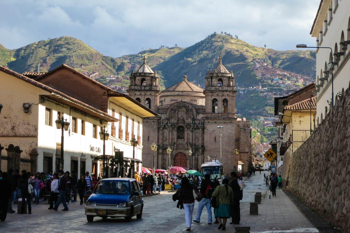 Historic town square with church and local life